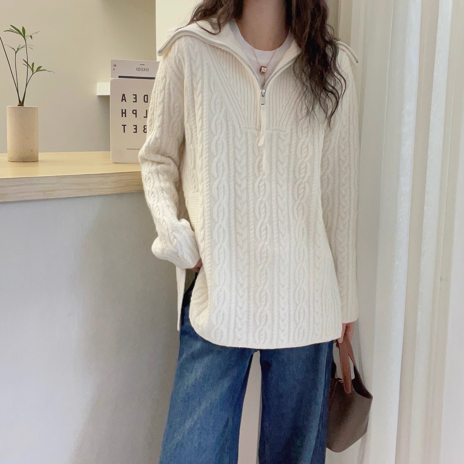 欧洲站2025秋冬洋气时尚大翻领半拉链设计厚款麻花羊毛针织衫毛衣