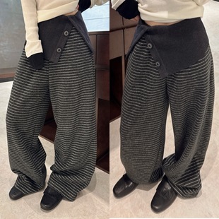 欧货时髦腰封开叉拼接细条纹拼色磨毛休闲长裤 欧洲站2025冬季 新款
