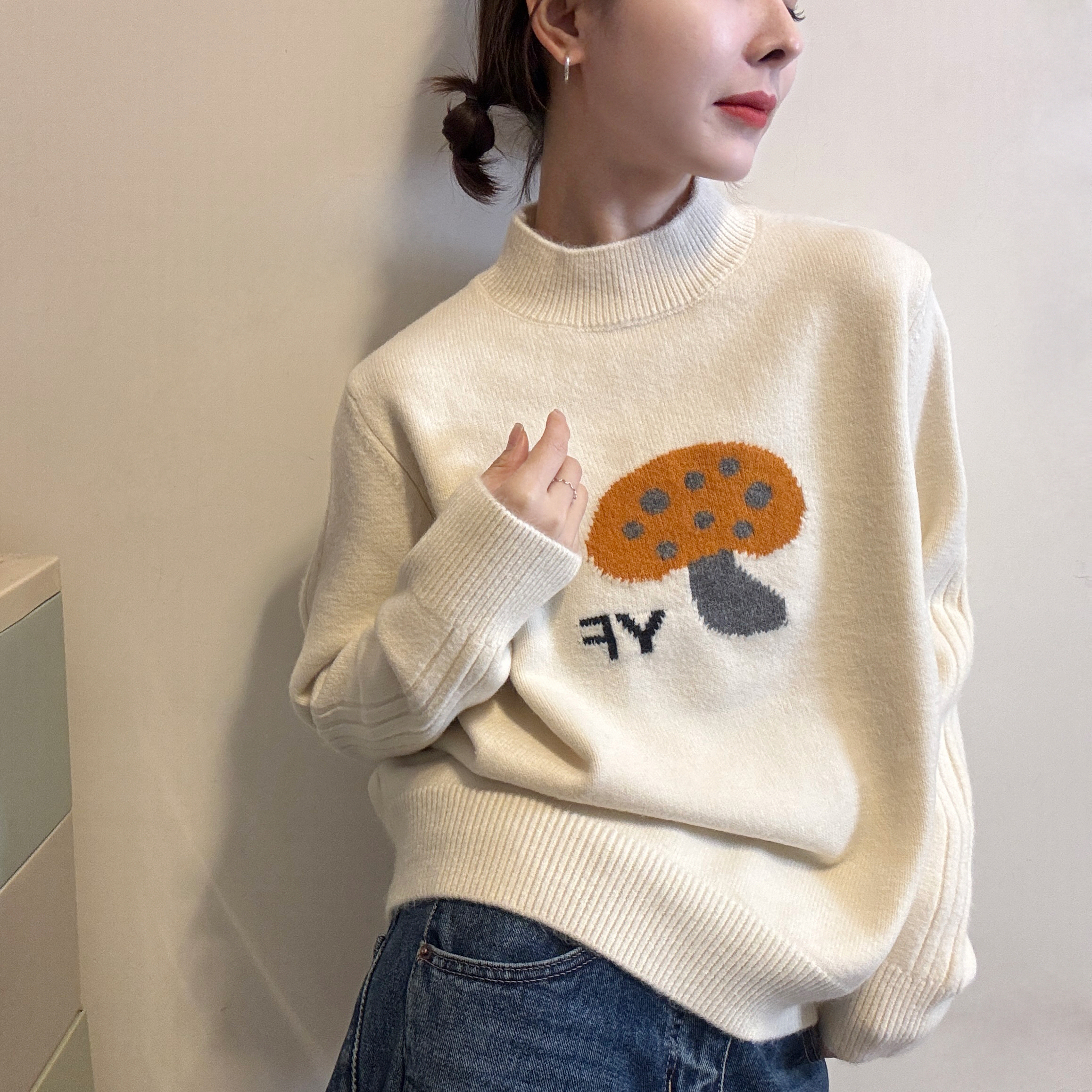 欧洲站2025冬季韩版小立领卡通蘑菇图案提花针织衫套头毛衣女 潮