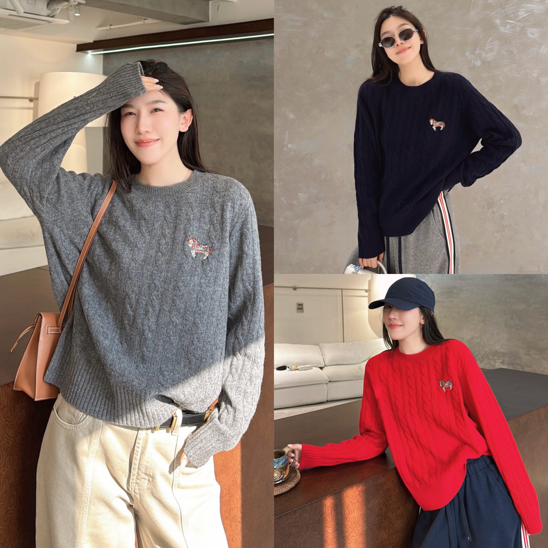 欧洲站2025冬季圆领落肩卡通小马刺绣麻花纹理羊毛针织衫套头毛衣