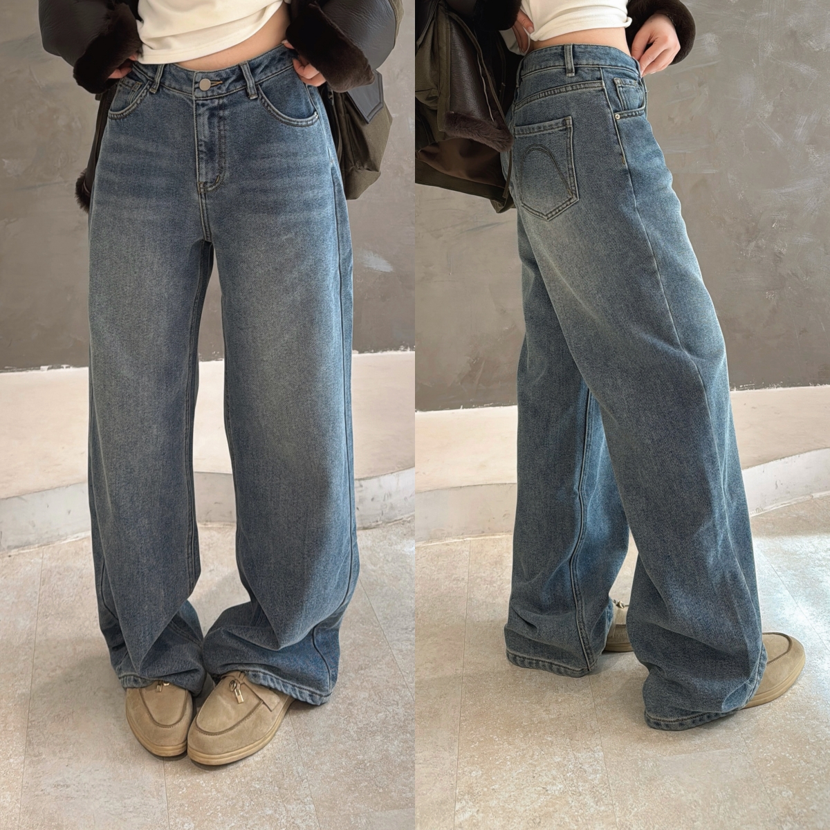 欧洲站2025冬季欧货高腰一粒扣净版简约高级感美式阔腿牛仔裤长裤