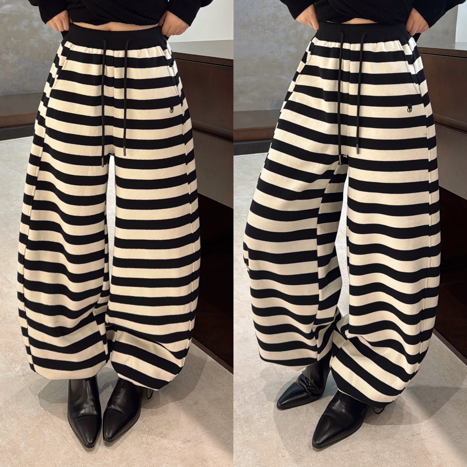 欧洲站2025冬季高腰抽绳细条纹拼色口袋刺绣加绒休闲裤时髦卫裤女