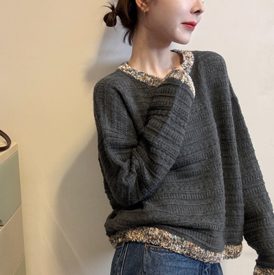 欧洲站2025秋冬新款韩系圆领拼色毛须边横条纹理钩花针织衫上衣女