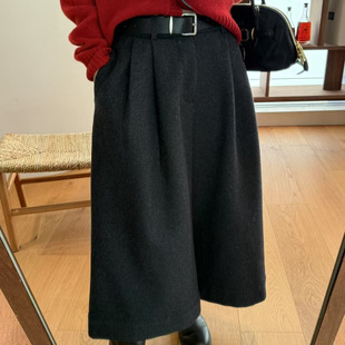甩甩裤 欧洲站2025冬季 黑灰色毛呢休闲裤 阔腿裤 女 配腰带褶皱八分裤