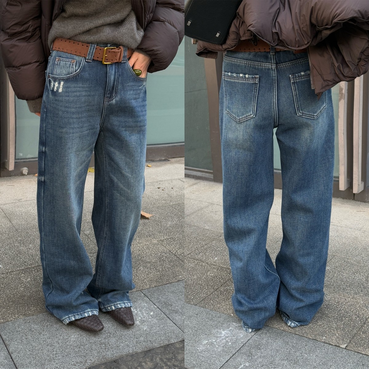 欧洲站2025冬季时尚高腰复古做旧磨破直筒加绒牛仔裤韩系百搭长裤