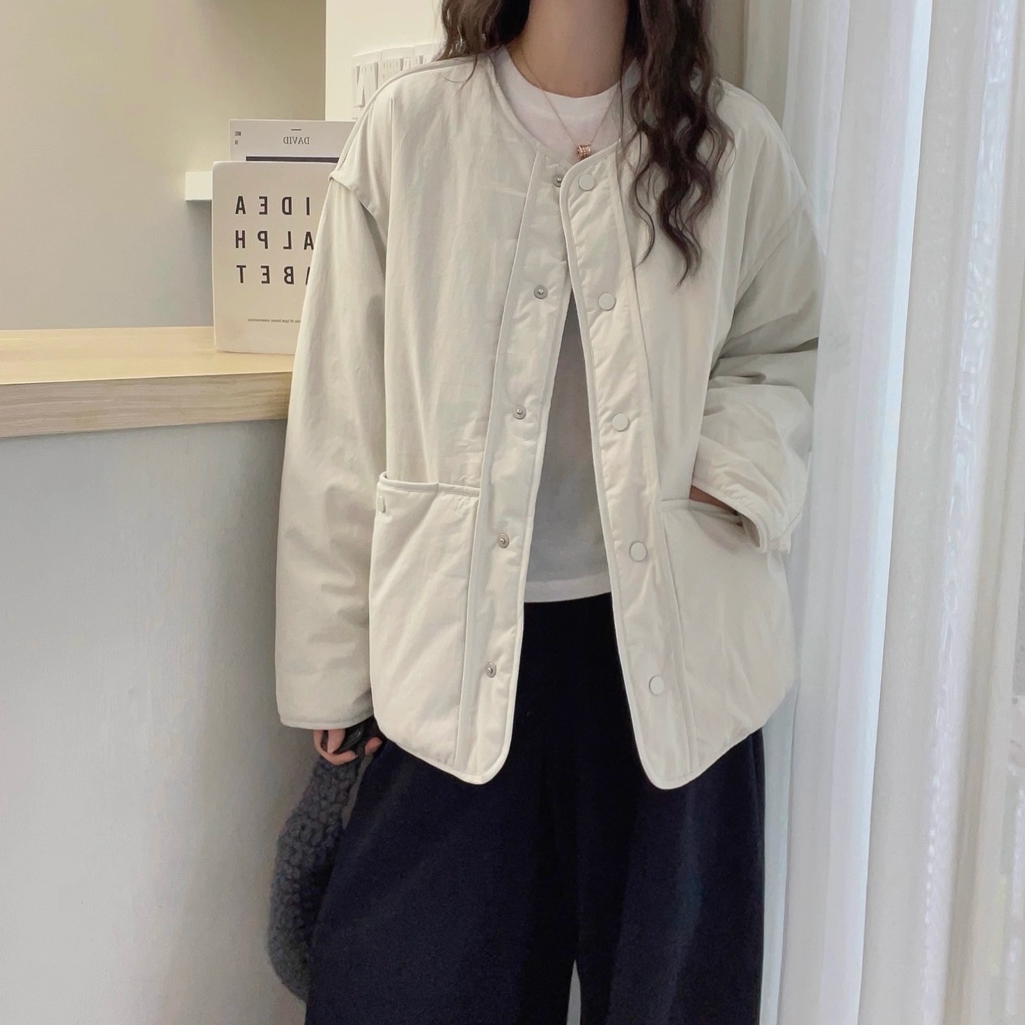 欧洲站2025秋冬新款圆领宽松落肩反拼接A字版按扣竖口袋棉衣外套