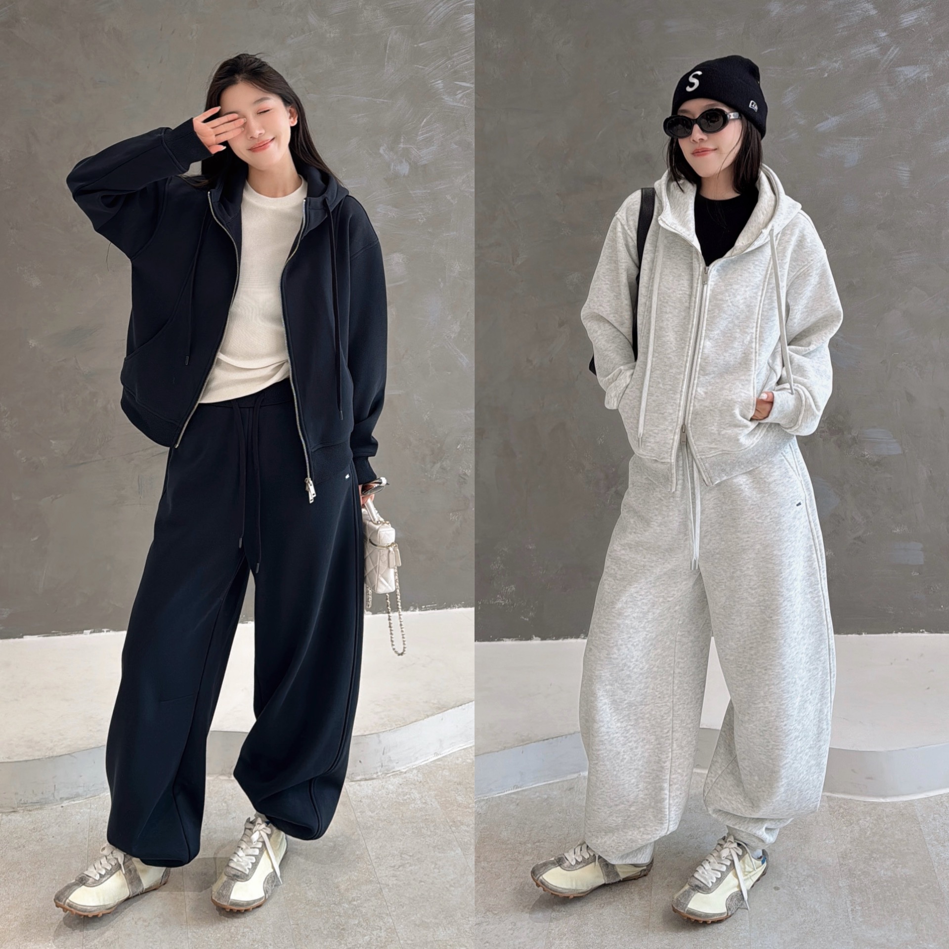 欧洲站2025冬季加厚连帽抓绒休闲运动套装口袋刺绣长裤卫衣两件套