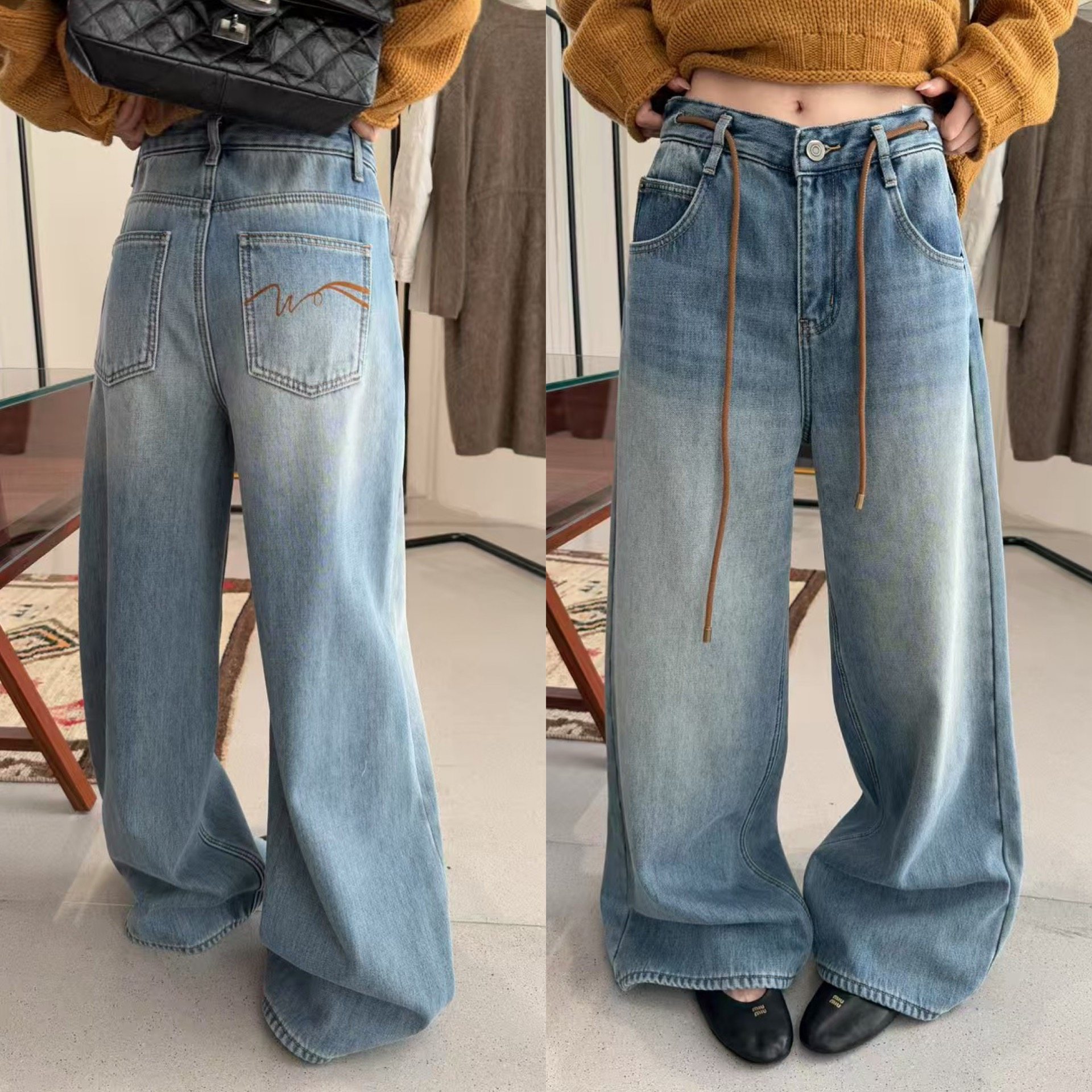 色明线直筒显瘦加厚复古牛仔裤