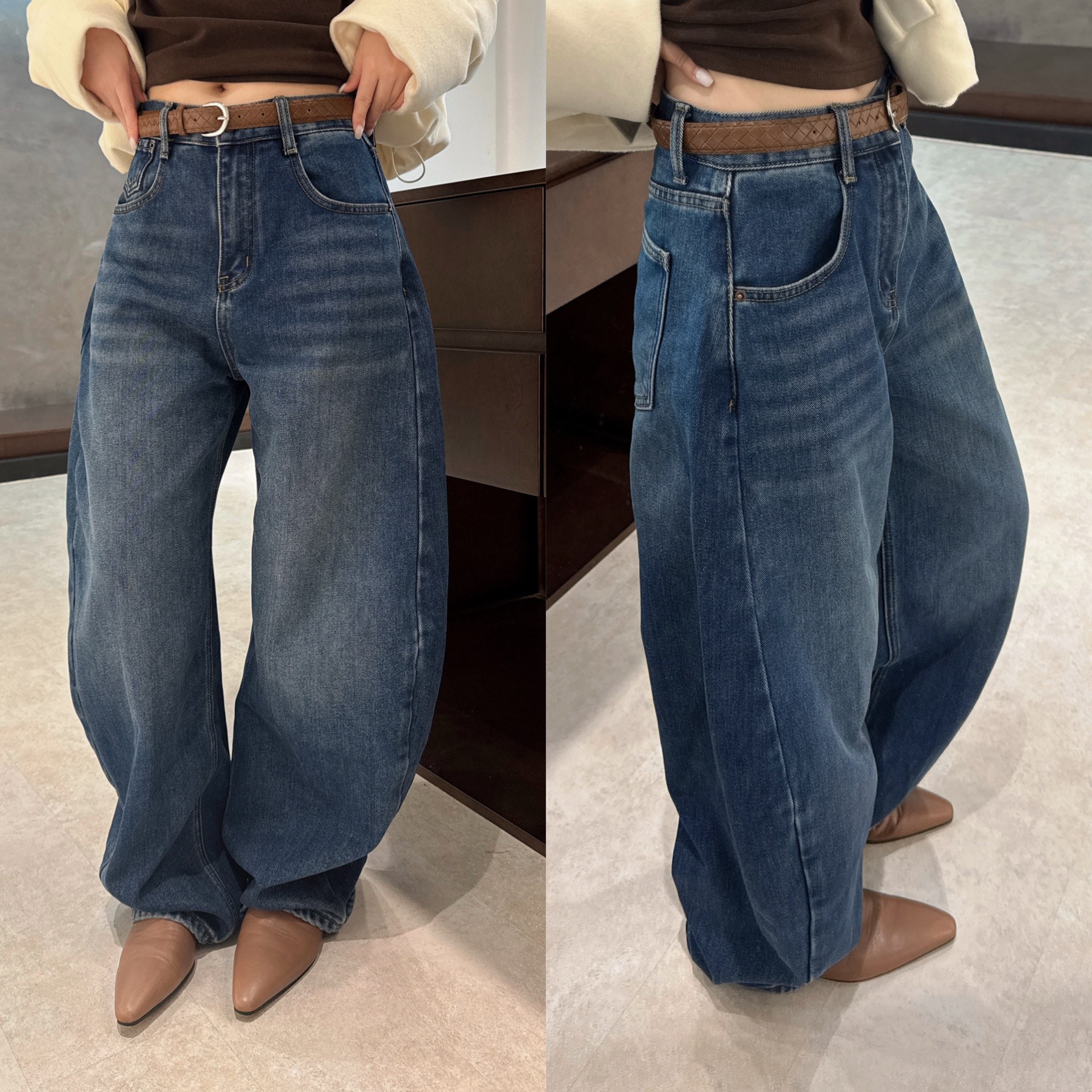 欧洲站2025冬季洋气时尚单边小口袋做旧水洗抓绒牛仔裤显瘦弯刀裤