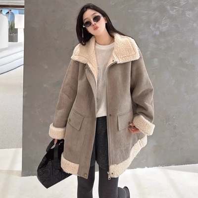 欧洲站2025冬洋气翻领内里羊羔毛廓版中长款麂皮绒皮毛一体外套潮