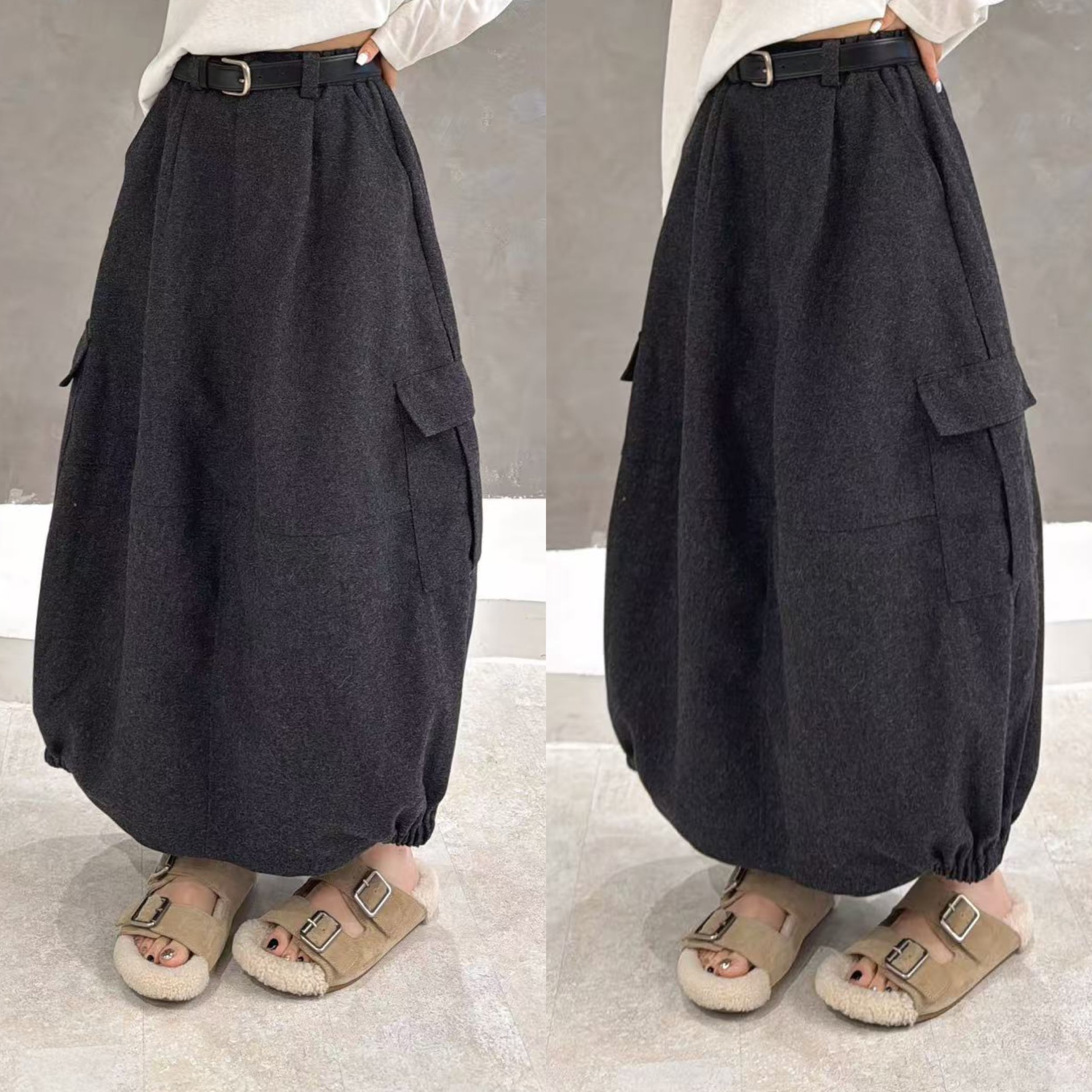 欧洲站2025冬季新款高腰松紧A字大口袋工装休闲毛呢半身裙灯笼裙