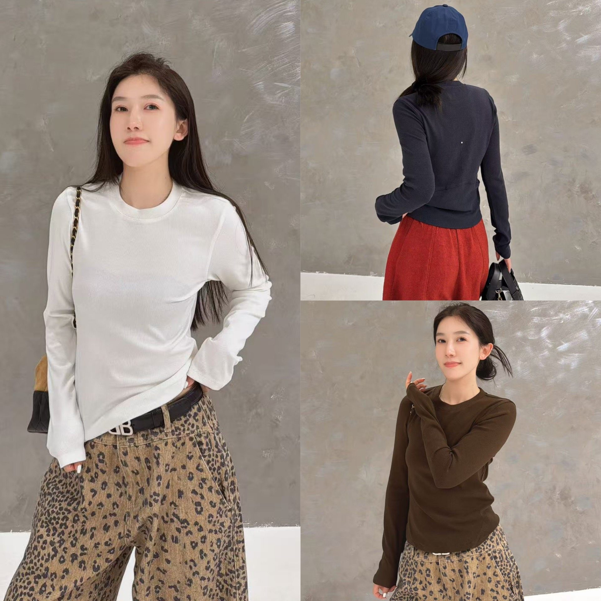 欧洲站2025秋季圆领设计感后背压线贝壳扣弹力显瘦打底衫欧货T恤