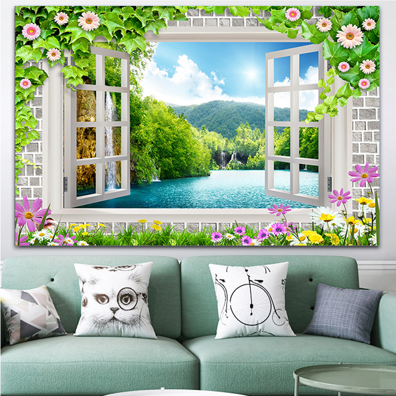 仿3d立体墙贴风景假窗户自粘画客厅装饰画卧室防水墙纸沙发背景