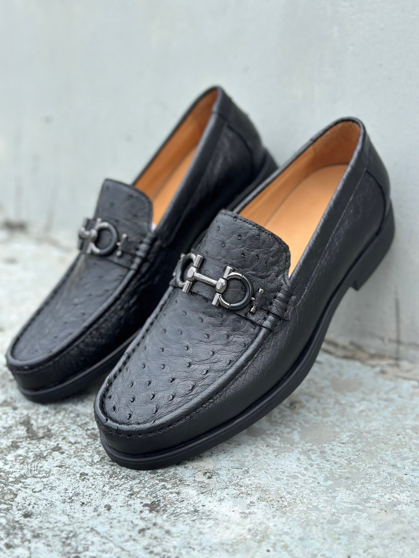 全真鸵鸟皮休闲百搭男鞋子豆豆