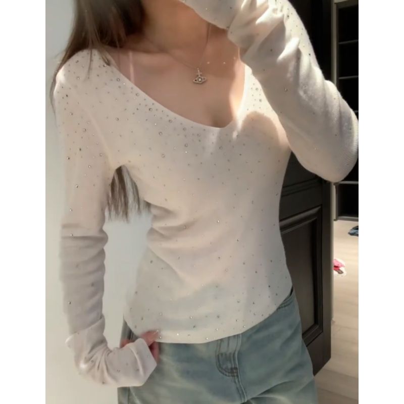 【烫钻V领毛衣】设计感深V羊毛打底针织衫女秋冬季修身显瘦内搭上