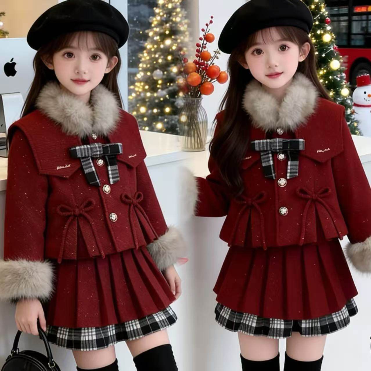 ABC女童加绒毛呢外套半身裙套装冬装2025新款红色派克服百褶裙拜,童装/婴儿装/亲子装,儿童运动套装,淘宝优惠券,粉丝福利购,淘宝优惠卷