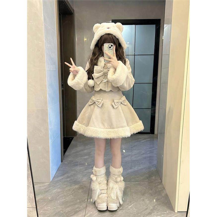 ABC2025新款小个子优雅lolita蝴蝶结连衣裙女冬季保暖毛呢外套两,女装/女士精品,时尚套装,淘宝优惠券,粉丝福利购,淘宝优惠卷