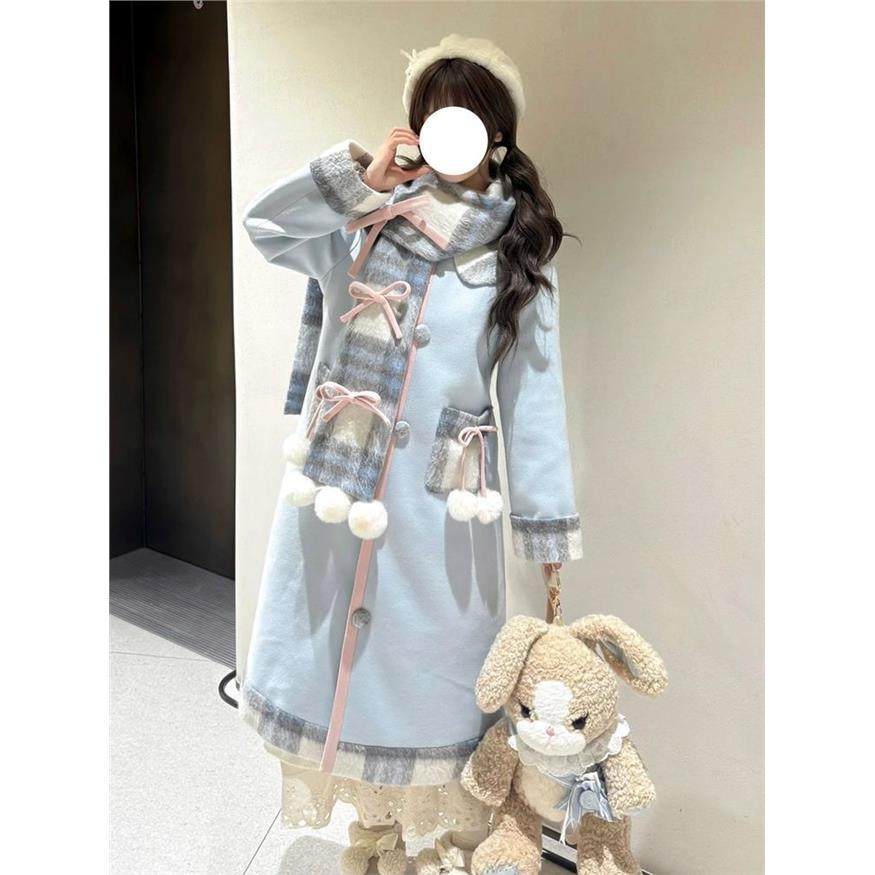 ABC奶油可可 2025冬季可爱甜美蝴蝶结格子甜美少女毛呢大衣+围巾,女装/女士精品,时尚套装,淘宝优惠券,粉丝福利购,淘宝优惠卷