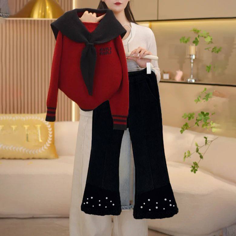 ABC女童蝴蝶结毛衣休闲裤套装2025新款小香风红色毛衣内搭保暖裤,童装/婴儿装/亲子装,儿童运动套装,淘宝优惠券,粉丝福利购,淘宝优惠卷