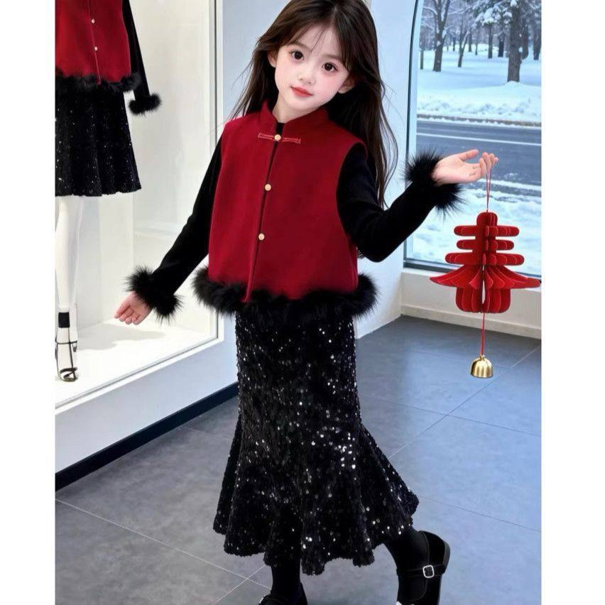 ABC儿童女童马甲2025款过年新中式衣服红色宝宝套装半身裙三件套,童装/婴儿装/亲子装,儿童运动套装,淘宝优惠券,粉丝福利购,淘宝优惠卷