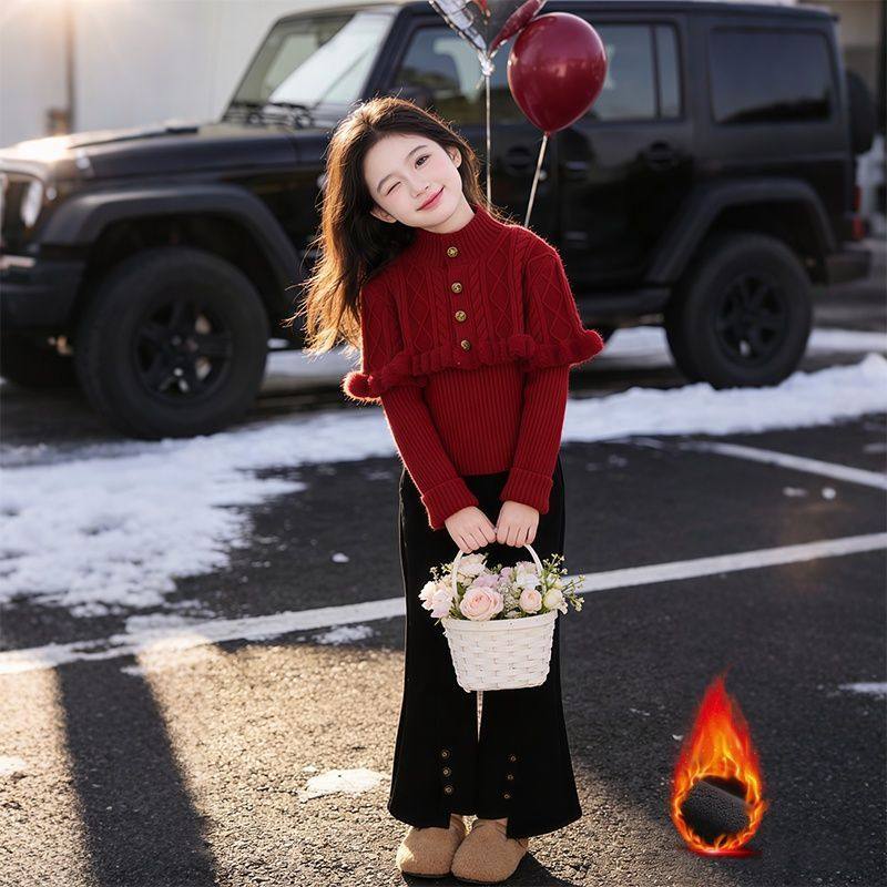 ABC女童红色毛衣加绒喇叭裤套装2026新款冬装披肩本命年小香风拜,童装/婴儿装/亲子装,儿童运动套装,淘宝优惠券,粉丝福利购,淘宝优惠卷