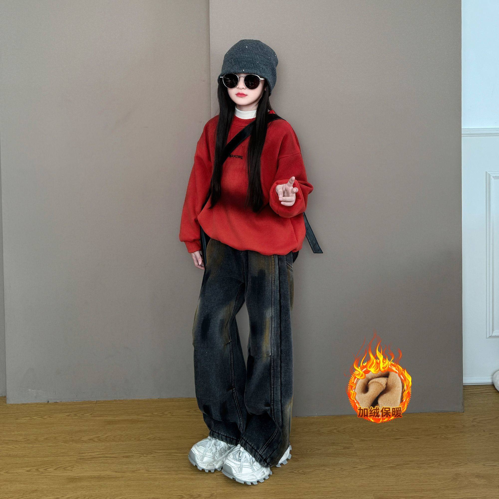 ABC女童加绒秋冬装2025新款洋气韩版休闲潮酷宽松卫衣阔腿牛仔裤,童装/婴儿装/亲子装,儿童运动套装,淘宝优惠券,粉丝福利购,淘宝优惠卷