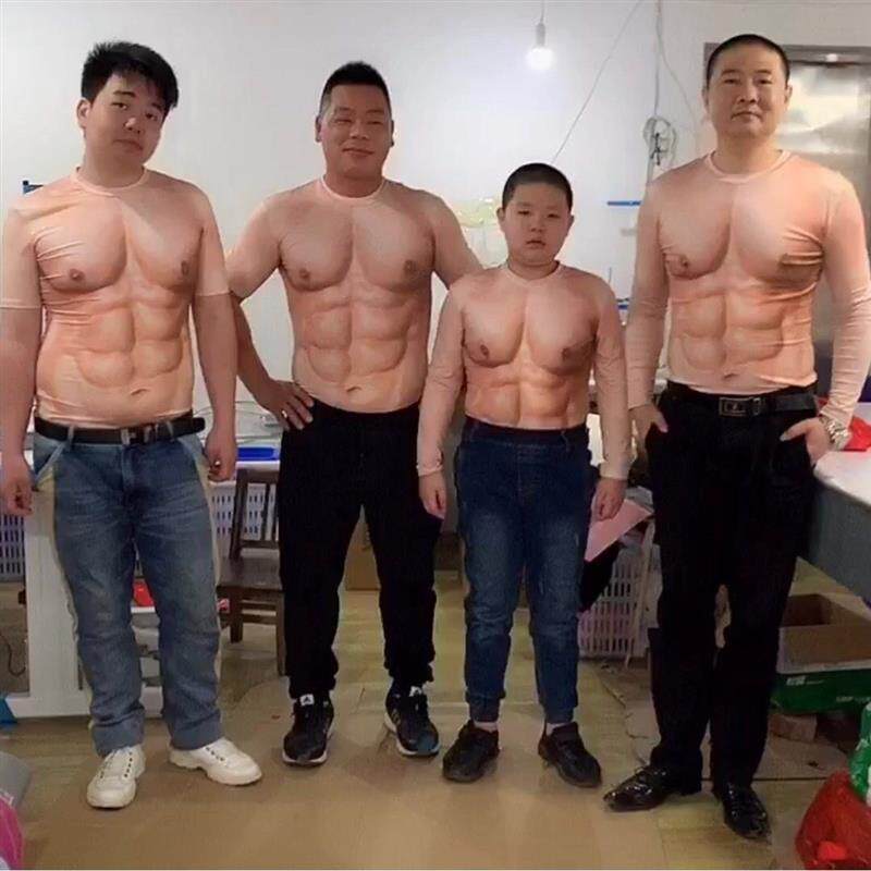 网红3d印花肌肉长袖T恤紧身衣假胸肌腹肌打底衫猛男亲子装 伴郎服