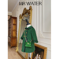 MR WATER水滴君 复古绿色双排扣亲子装小女孩时髦千鸟格毛呢外套
