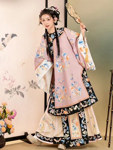 泉州浔埔簪花清汉女服装格格清朝满清旗装印花裙拍照写真套装