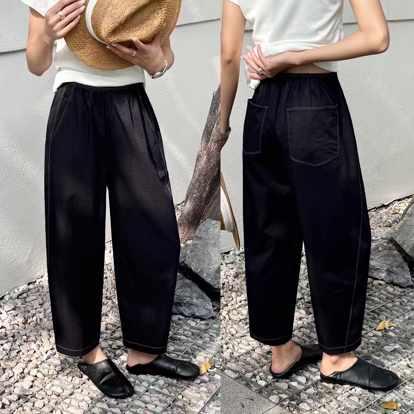 桐桐佳春款九分休闲哈伦裤女高腰宽松显瘦萝卜裤黑色老爹裤26011