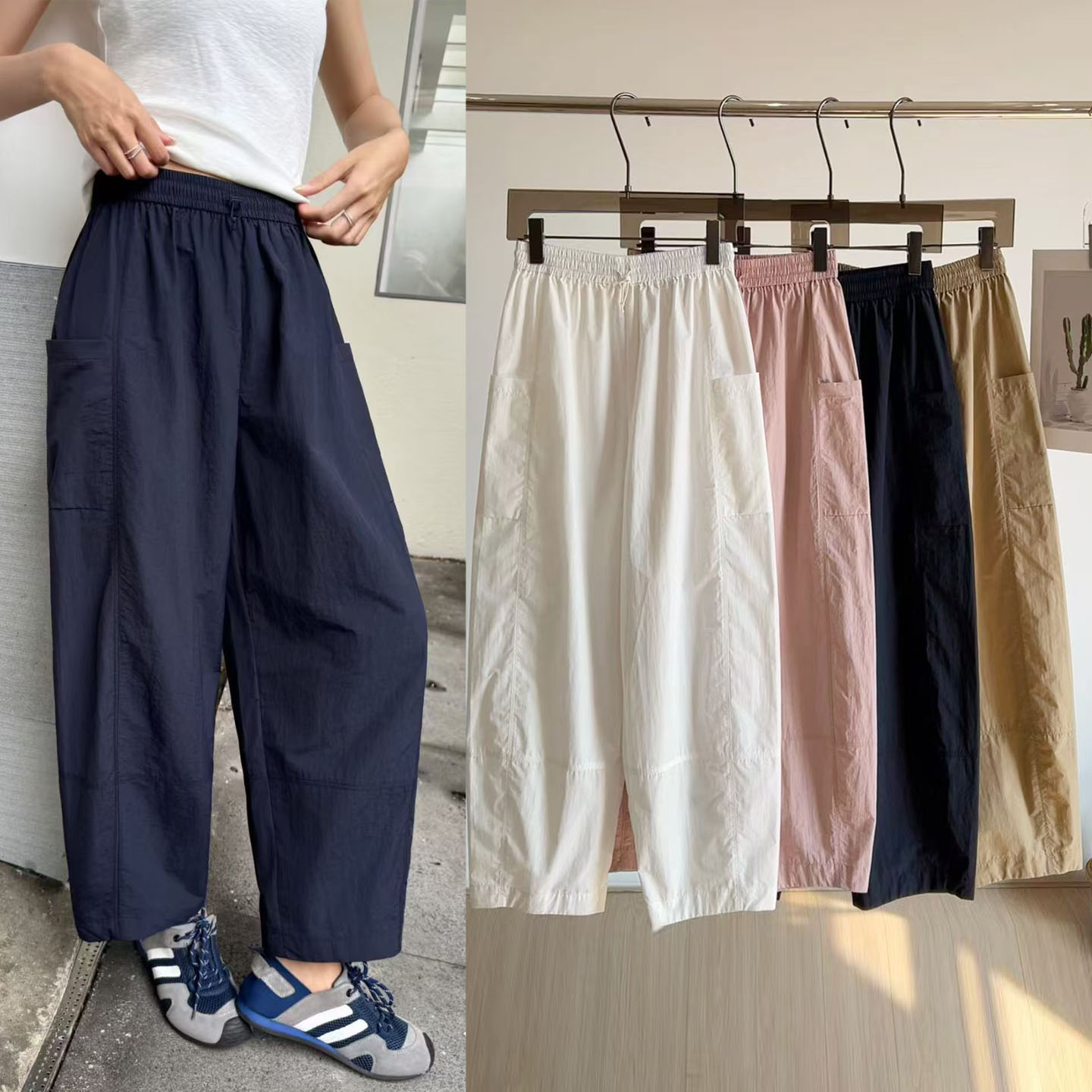 高腰休闲九分城市工装裤女松紧腰