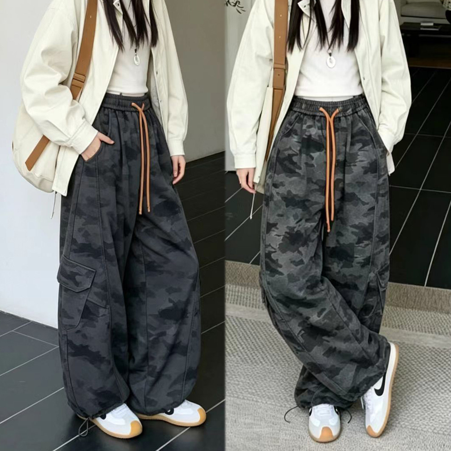 秋季新款工装迷彩弯刀裤宽松