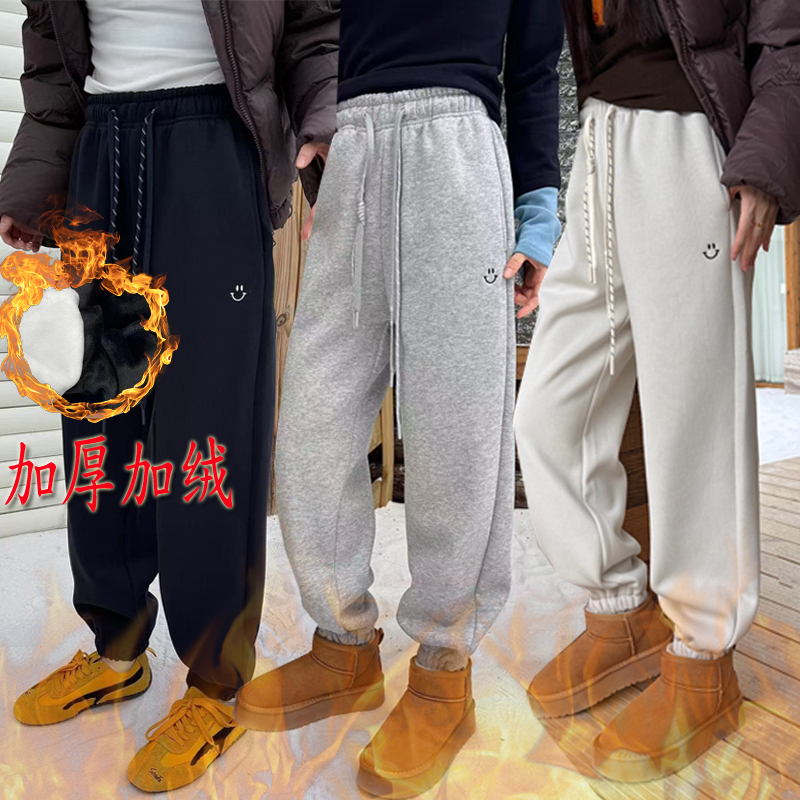 笑脸刺绣运动卫裤女腰部抽绳宽松