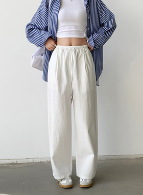 桐桐佳春夏纯棉女士垮裤白色带衬防走光男友裤薄料长筒裤nv88067
