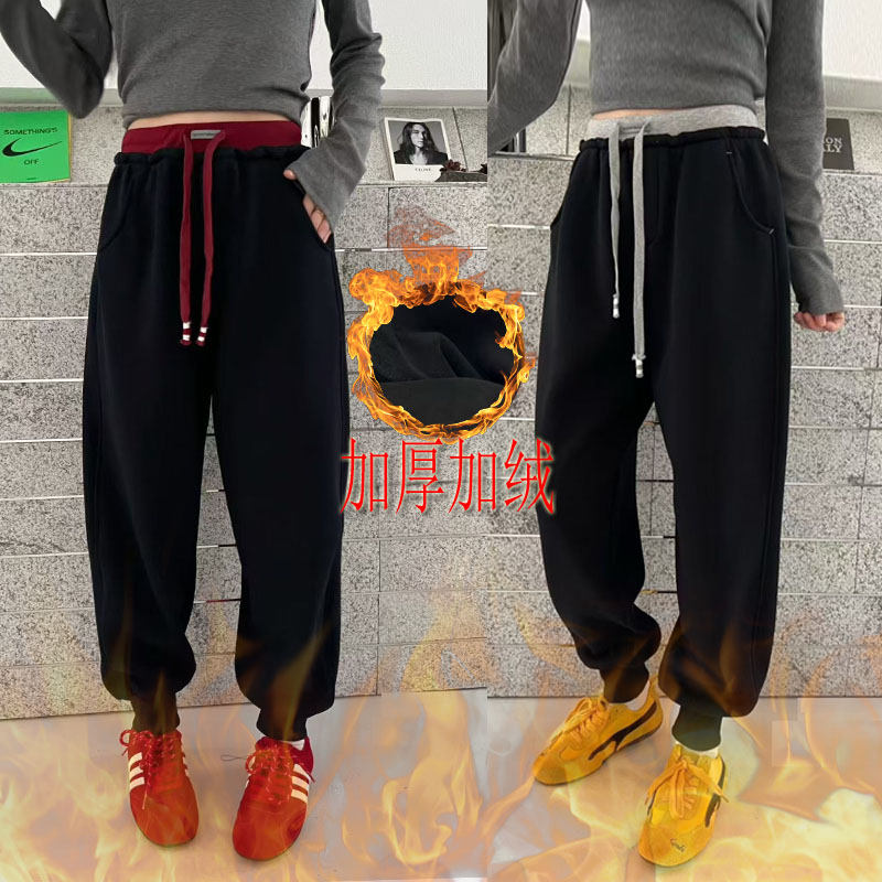 桐桐佳~冬季加厚加绒运动卫裤女宽松显瘦小脚哈伦裤抽绳女裤25077