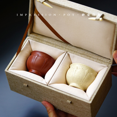 砂壶印象 禅莲对杯礼盒 步步生莲 好运连绵 白玉段 朱泥 120cc