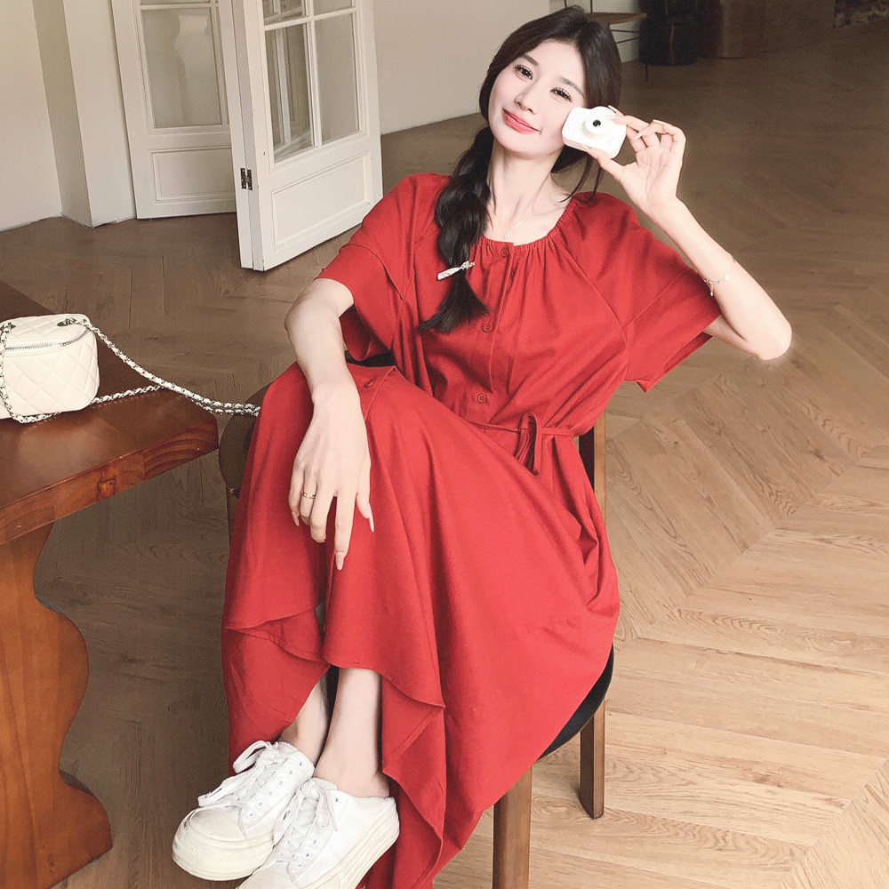 红色复古连衣裙女中长款2024