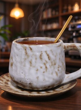 日式复古手作粗陶咖啡杯带碟勺