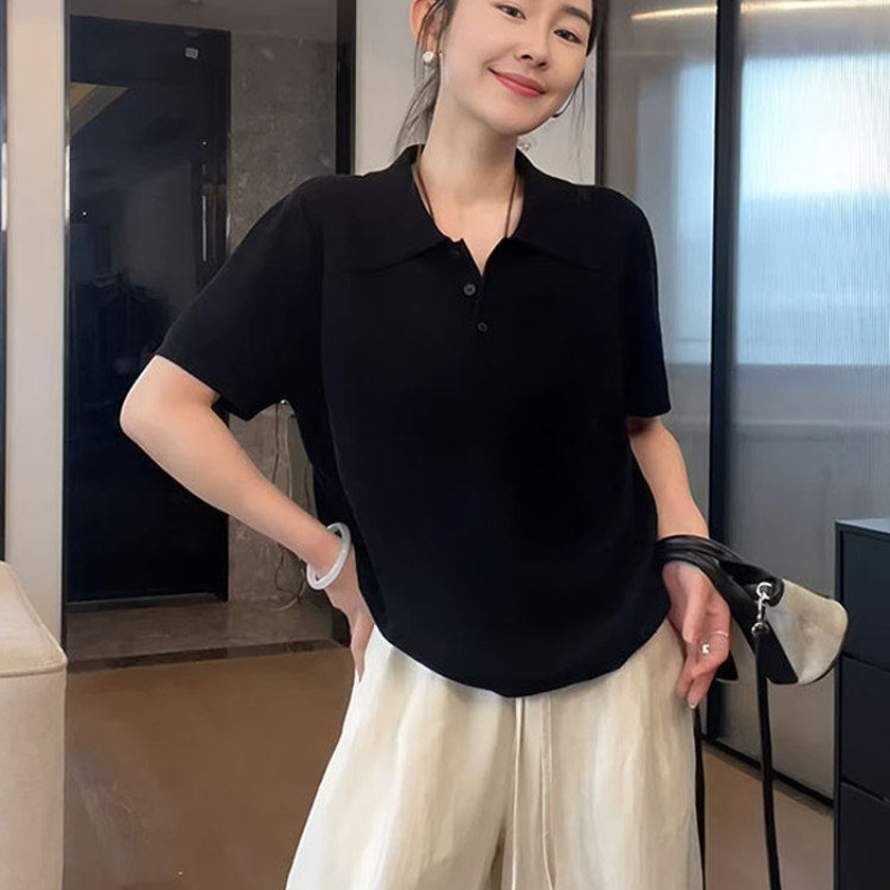 特大码300斤设计感Polo领短袖针织衫T恤女胖mm夏新款宽松遮肉上衣