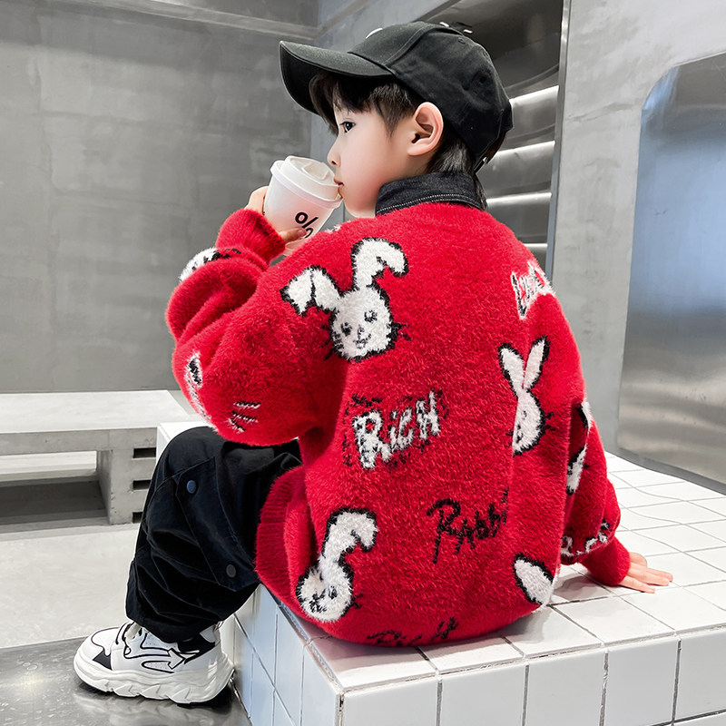 春秋冬仿水貂绒男童圆领毛衣针织衫保暖中大童女童红色套头加厚,童装/婴儿装/亲子装,毛衣/针织衫,淘宝优惠券,粉丝福利购,淘宝优惠卷