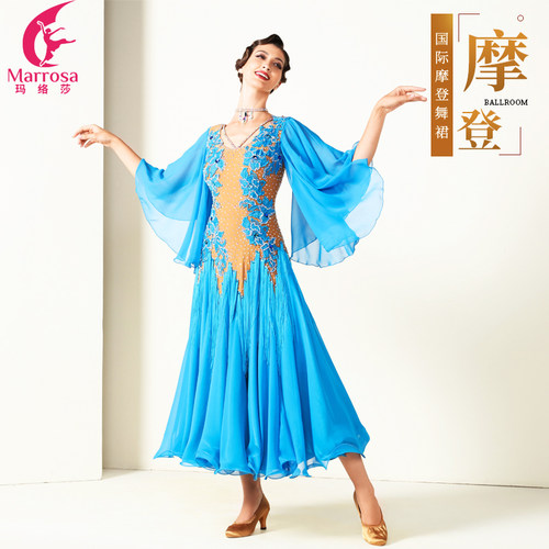 新款国标舞大摆裙摩登舞连衣裙华尔兹探戈比赛演出服特色蝴蝶袖