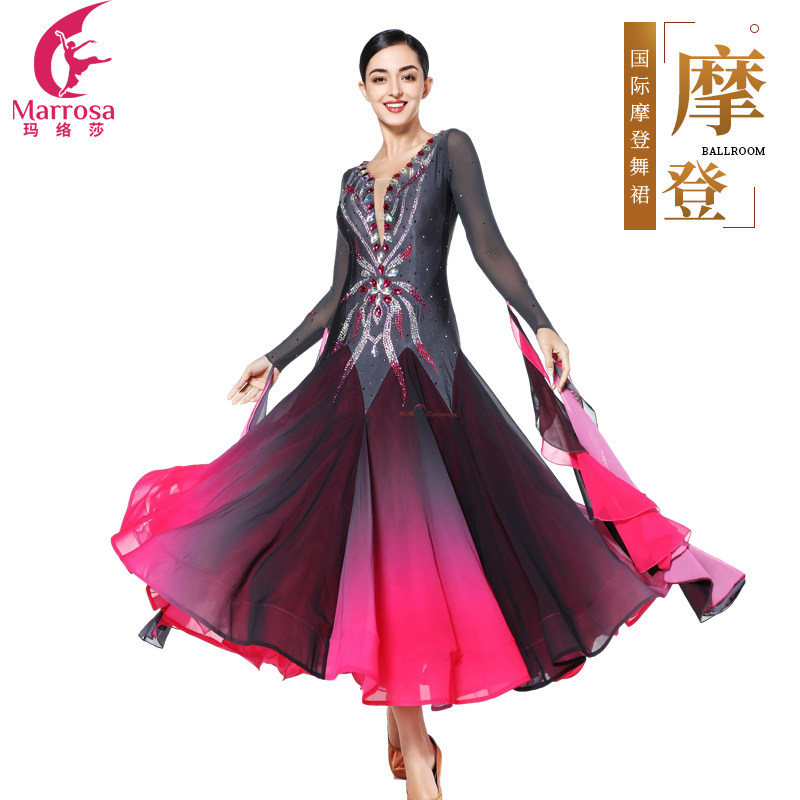 Marrosa摩登舞比赛舞服新款大摆裙飘带玫红渐变色探戈华尔兹舞裙