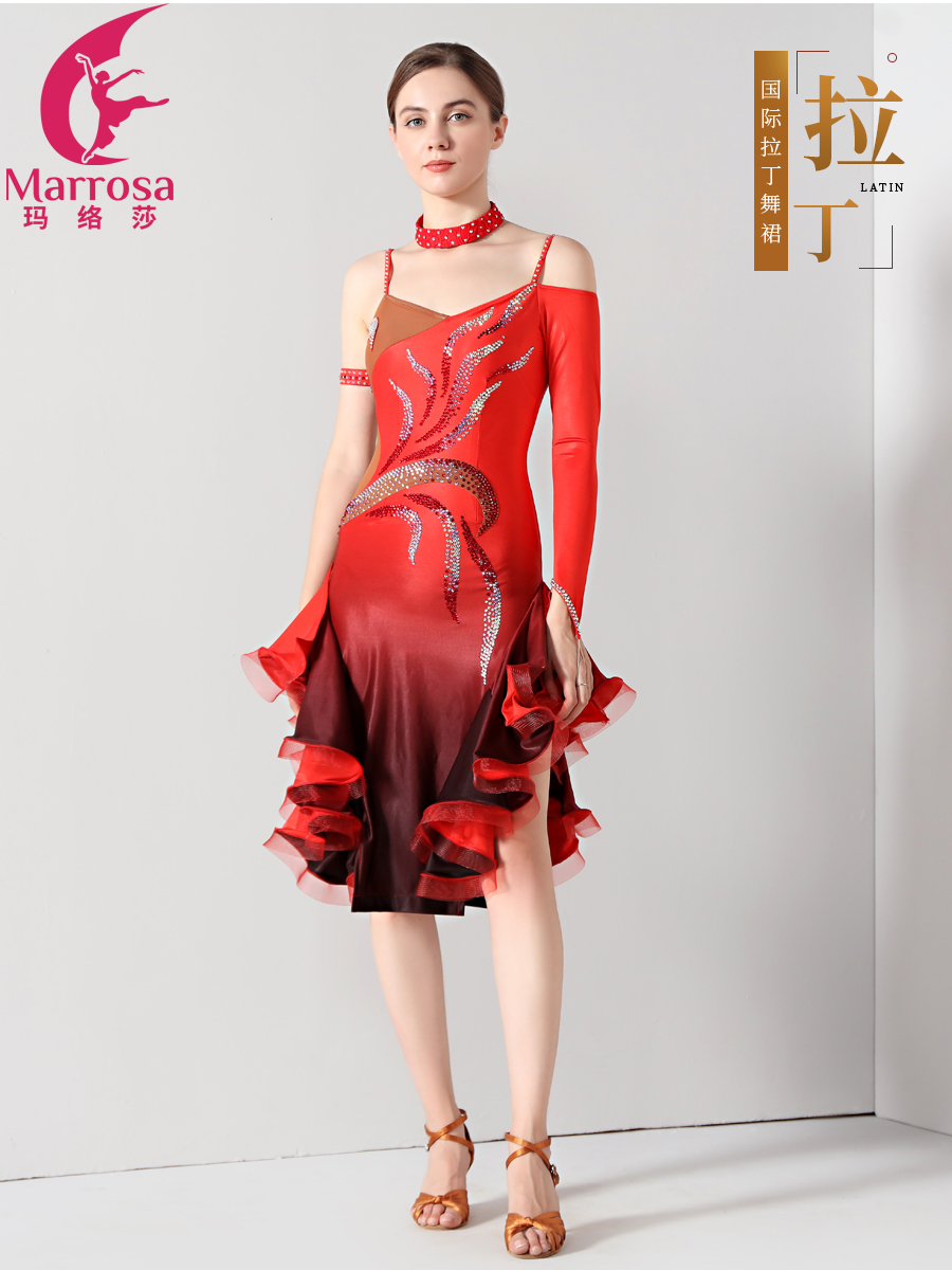 新款黑红渐变拉丁舞连衣裙成人女时尚吊带舞蹈比赛演出服装
