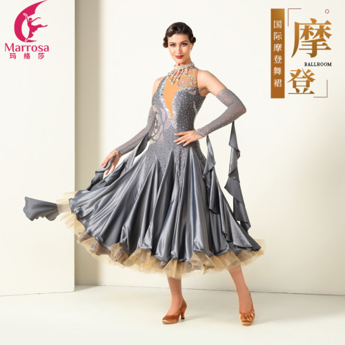 新款国标交际舞裙摩登演出服比赛华尔兹大摆裙玫瑰烫钻定做表演