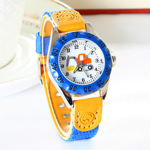 帆布带卡通挖掘机运动男孩手表幼儿园小学生石英防水儿童礼物腕表