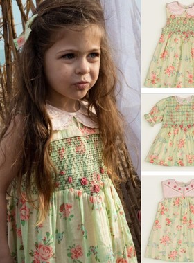 【Joanna麻麻】Bachaa女童春夏复古碎花刺绣打揽连衣裙宝宝