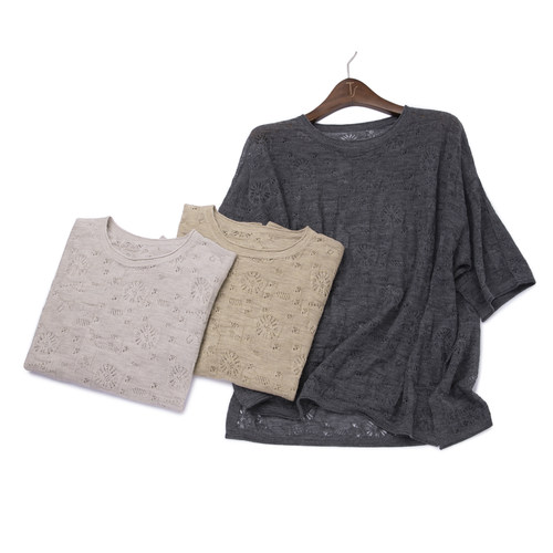 LEMAER乐玛尔 【云纱雕花】100%CASHMERE80支镂空卷边羊绒半袖