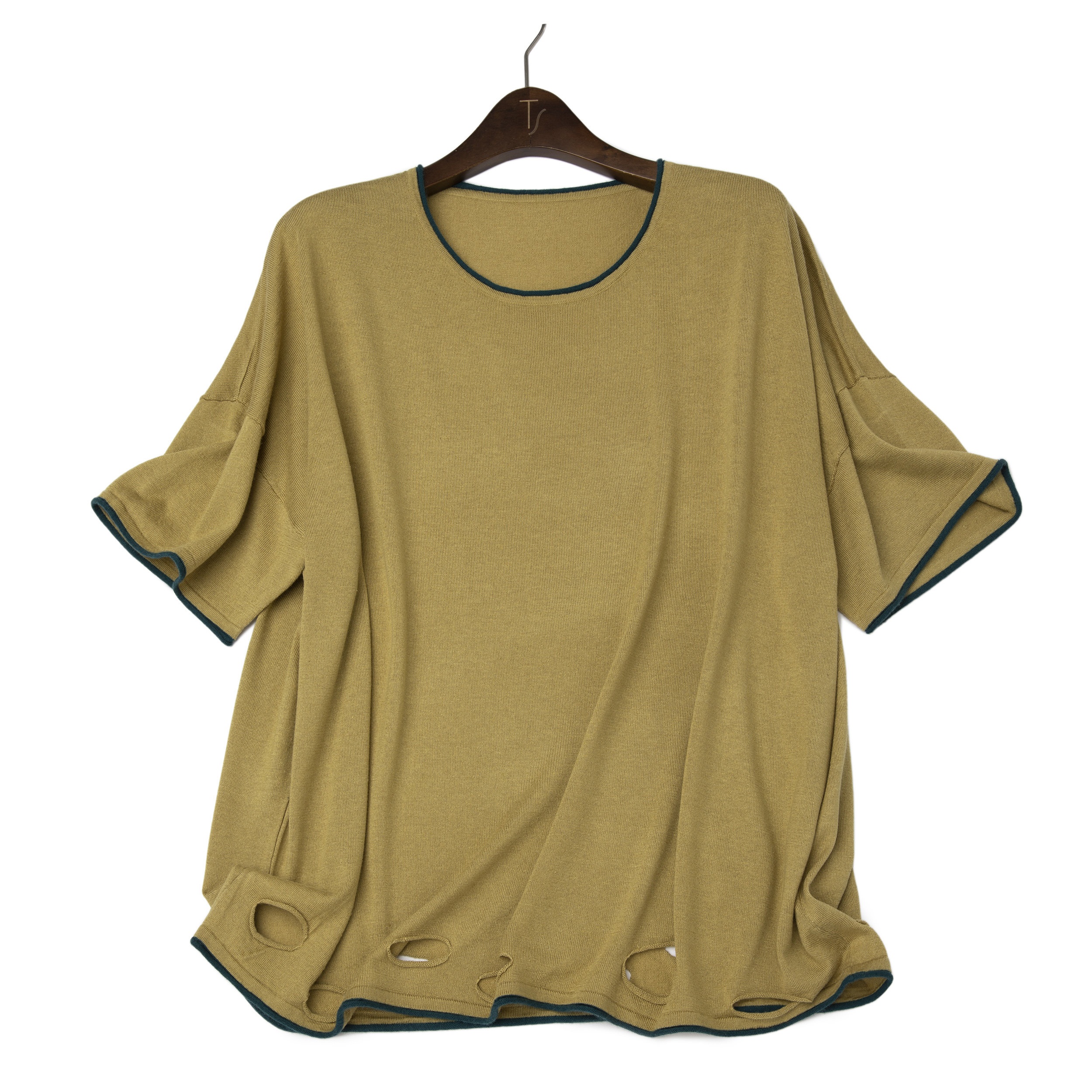 LEMAER乐玛尔 撞色卷边破洞CASHMERE&SILK慵懒宽松圆领针织半袖衫