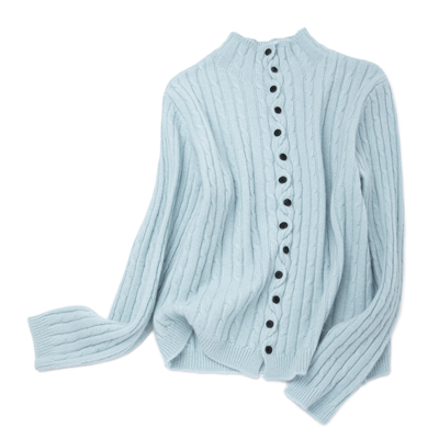 麻花针织交叉设计单排扣羊绒衫