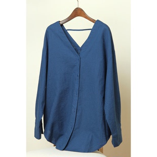 LINEN双V领廓形排扣亚麻衬衣 100% LEMAER乐玛尔 蓝染艺术